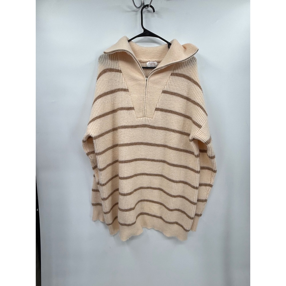 Fate Small Quarter Zip Sweater Womens Cream Tan Striped Ribbed Oversized Top